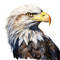 This is a detailed and realistic illustration of a bald eagles head, showcasing its sharp yellow beak and intense gaze. - 733250533