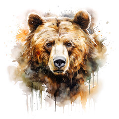 This image showcases a vibrant watercolor painting featuring the detailed head of a brown bear with a splattered, abstract background. - 733250589