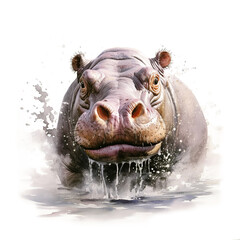 A detailed and lifelike portrayal of a hippopotamus with water droplets cascading from its face. Digital watercolour on white.