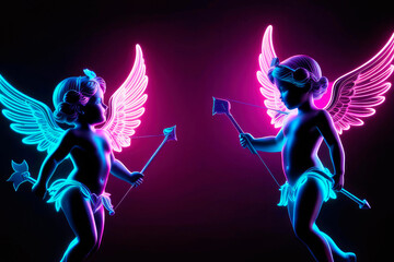 Cupid silhouettes in shape neon light on dark background.