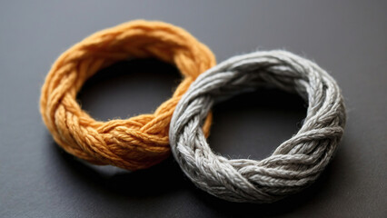 Wedding rings knitted from yarn. Symbol of love. Amigurumi. - obrazy, fototapety, plakaty