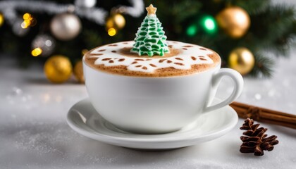 A cup of coffee with a christmas tree on top
