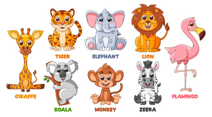 Cartoon African Animals Characters Vector Set. Giraffe, Tiger, Lion And Elephant, Koala, Monkey, Zebra Or Flamingo