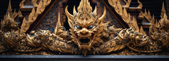 A golden dragon statue sits atop a shelf, on a temple