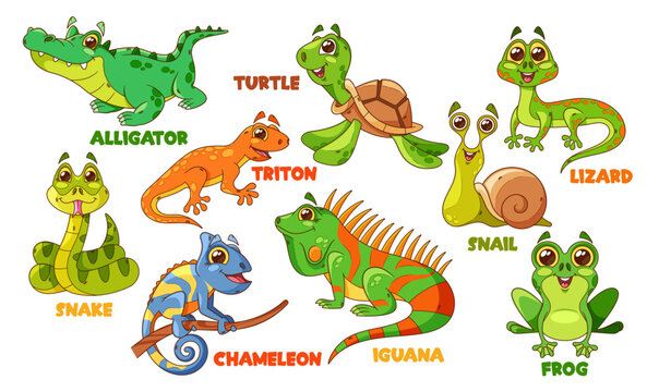Cartoon Reptile Characters Isolated Vector Set. Alligator, Turtle, Snail And Snake, Triton, Chameleon, Iguana And Frog