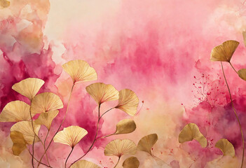 Gold and pink Ginkgo leaves background - AI generated