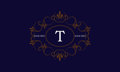 Logo template with monogram element and letter T in the center. Sophisticated ornament for restaurant, club, boutique, cafe, hotel cards. Vector illustration