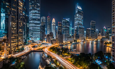 Naklejka premium Abstract cityscape at night with futuristic financial elements