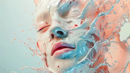 Gordijnen Face of a young woman in pastel colors paint splashes. Splashes of colored liquid around a female's head © Vladimir