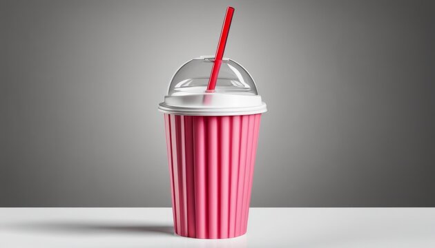 A pink cup with a red straw