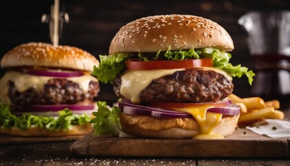 A close up of a large hamburger with lettuce, tomato and cheese