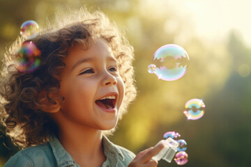 little girl rejoices with soap bubbles, wide smile, looks to the side, close-up