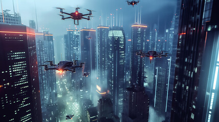 Landscape of a future city connected by AI and network, High-rise buildings with drones connected by network flying around