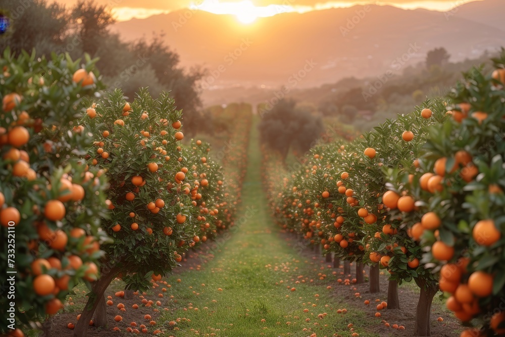 Poster a picturesque scene depicting a field filled with orange trees as the sun sets in the background.