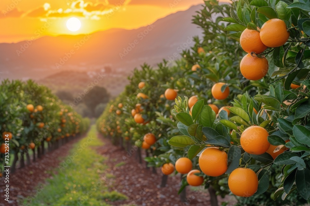 Poster a garden of oranges with the sun setting in the background.
