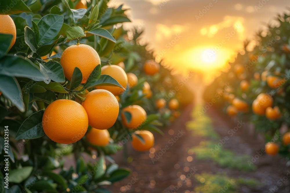 Poster an image of an orange tree rows against a beautiful sunset backdrop.
