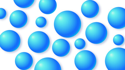 Blue spheres of balls on White background. Snowy blue balls. Flowing blue soft spheres. Abstract background with dynamic 3d spheres. Trendy cover or banner design template. Vector illustration