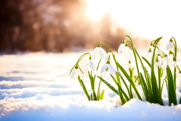 snowdrops on snow-covered meadow in rays of sunlight against background