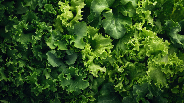 green background, texture of fresh lettuce leaves, top view