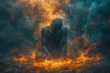 A man in a fiery mist. Hopelessness. 3d illustration - obrazy, fototapety, plakaty