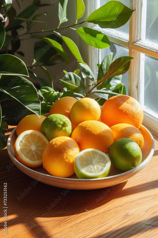 Poster a bowl filled with oranges and limes resting on a table.