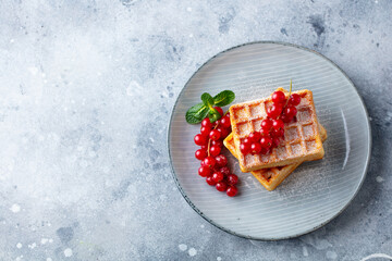 Belgian waffles with fresh red currant berries. Grey background. Copy space. Top view.