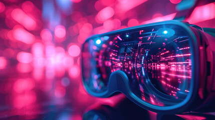 close-up of virtual glasses, reflection from neon lights, abstract background pink, red, blue bokeh