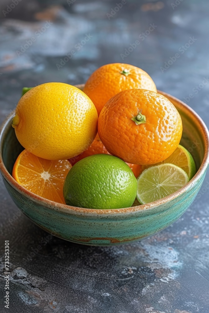 Poster a bowl filled with fresh oranges and limes placed on a table.