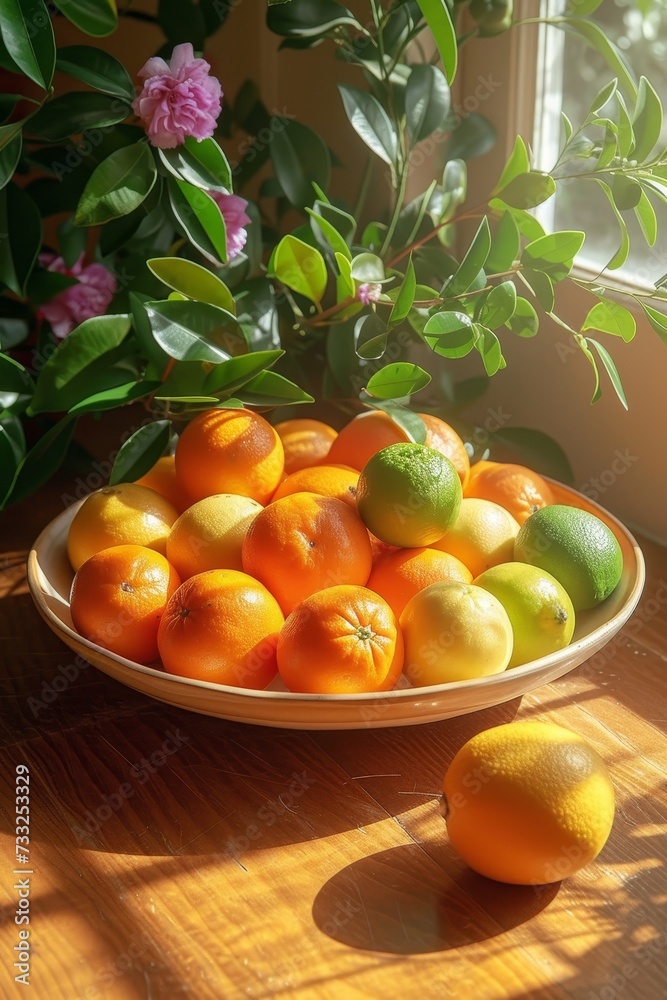 Poster a bowl filled with oranges and lemons is placed on a table near window in sunny light