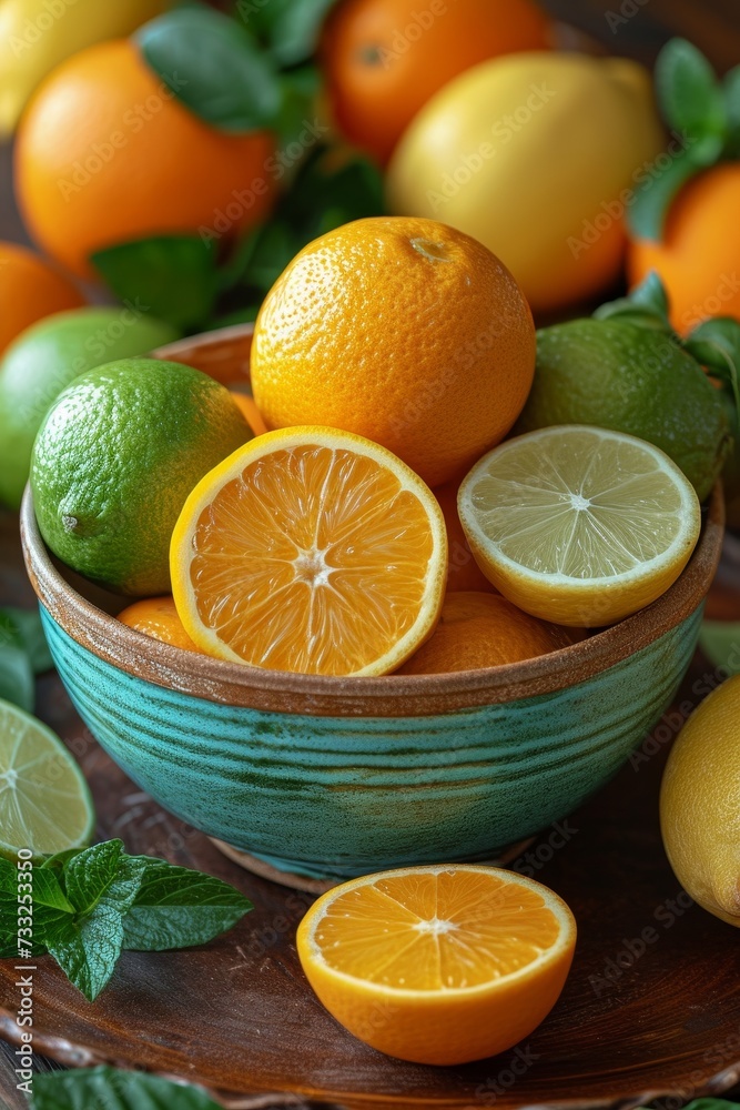 Poster a bowl placed on top of a table filled with fresh oranges and limes.
