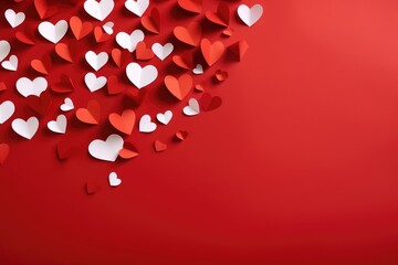 Multiple hearts are seen floating in the air against a vibrant red background.