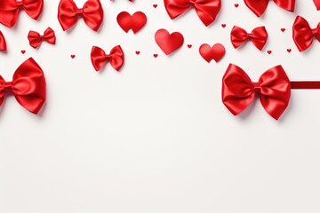 A vibrant collection of red bows and hearts arranged in a group on a clean white background.