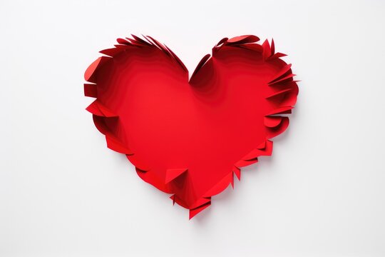 A visually striking image of a red heart, expertly cut out of paper, placed on a clean and crisp white background.