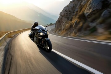 A sleek black motorcycle speeding down a winding mountain road. - Powered by Adobe
