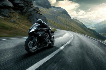 A sleek black motorcycle speeding down a winding mountain road.
