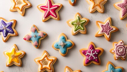 Festive star-shaped cookies with decorations. The concept of holiday baking.