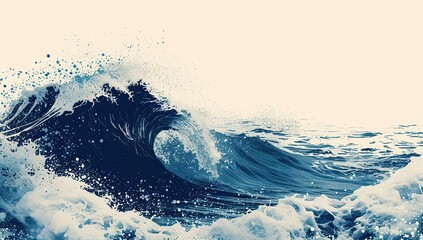 Wave crashing on the shore with splashes on a blue background. The concept of the ocean's power.