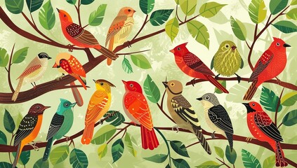 Colorful birds on tree branches amidst green foliage. The concept of natural diversity.