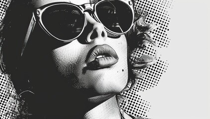 Black and white portrait of a woman in glasses. The concept of pop art style. - obrazy, fototapety, plakaty