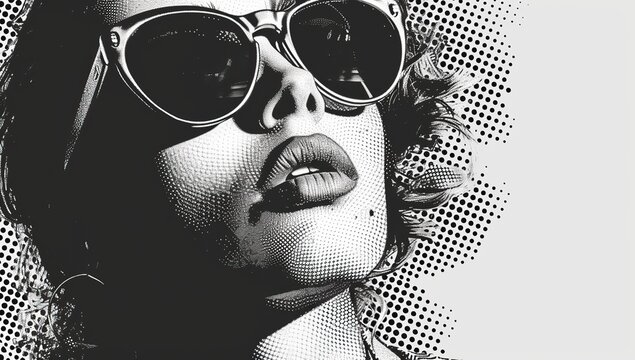 Black and white portrait of a woman in glasses. The concept of pop art style.