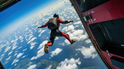 A skydiver freefalling against a blue sky.