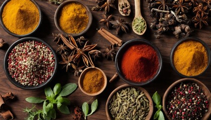 Obraz na płótnie Canvas A wooden table with various spices and herbs
