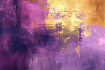 An abstract painting featuring vibrant gold and purple colors.