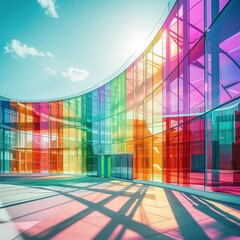 curved glass building reflecting vibrant colors under sunny skies