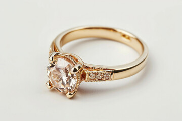 wedding ring, gold with a large diamond on a neutral background