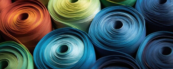 This close-up photograph showcases a vibrant collection of various colored rolls of yarn.