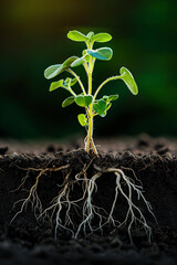 A young sapling with vibrant green leaves and an intricate root system visible, symbolizing growth and environmental care