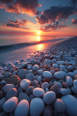 Fototapeta na wymiar Ocean Tranquility: Peaceful Illustration of Pebbles on the Beach at Sunset, Finding Simple Happiness