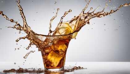 A glass of soda is being poured and splashes everywhere - obrazy, fototapety, plakaty