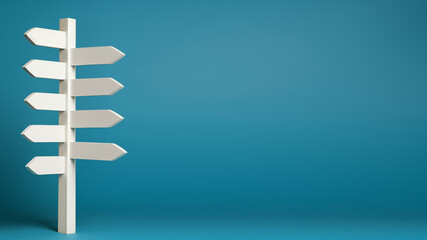 Wooden signpost on a blue background. Copy space.